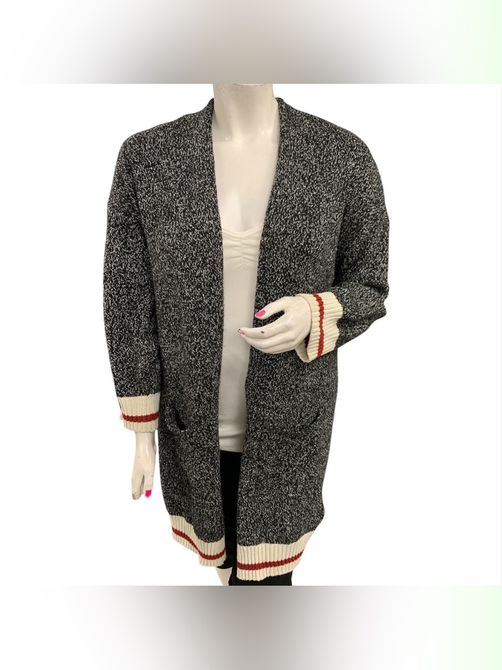 Open-Front Black & White Marled Cardigan with Contrast Trim Size L
